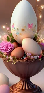 Elegant Easter egg display with pink flowers and soft lighting.