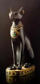 Elegant Egyptian cat statue with gold accents on black background.