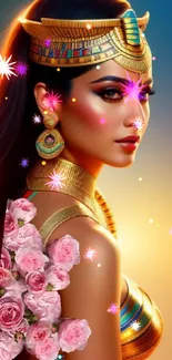 Elegant illustration of an Egyptian goddess with roses on a golden background.