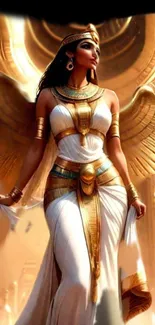 Elegant Egyptian goddess with golden wings in artistic mobile wallpaper.