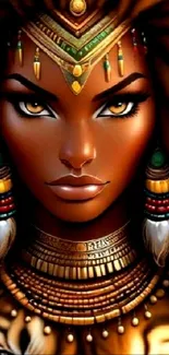 Artistic depiction of an Egyptian queen with intricate jewelry and rich brown tones.