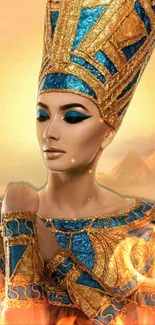 Elegant Egyptian queen in gold and turquoise attire with desert backdrop.