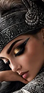 Intricate Egyptian-style portrait with silver jewelry