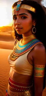 Woman in Egyptian attire in sunlit desert landscape