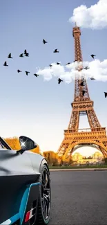 Wallpaper of a sleek car with Eiffel Tower and birds.