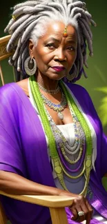 Elegant older woman in a purple dress with jewelry on a vivid mobile wallpaper.