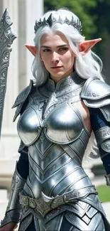 Elegant silver-armored elf character in fantasy setting.