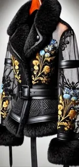 Elegant sheer jacket with floral embroidery and fur accents.