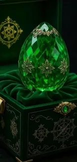 Green crystal egg in ornate velvet-lined box