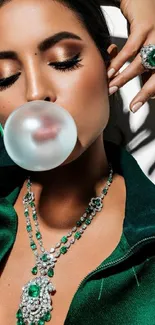 Elegant woman with emerald jewelry and bubblegum.