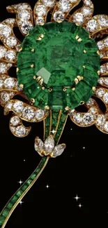 Emerald and gold ornate flower on dark background wallpaper.