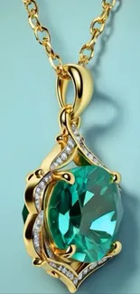 Elegant emerald pendant on gold chain background.