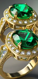 Elegant gold rings with vibrant emerald stones.