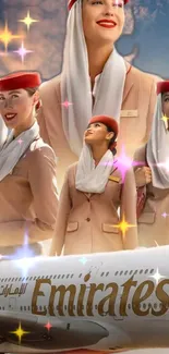 Emirates crew and aircraft on a vibrant wallpaper