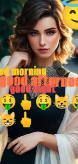 Stylish woman with emojis and text greetings, perfect for mobile wallpaper.