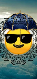 Stylized emoji with sunglasses under a blue ornate umbrella.