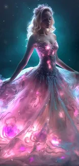 Elegant lady with illuminated dress in mystical light.