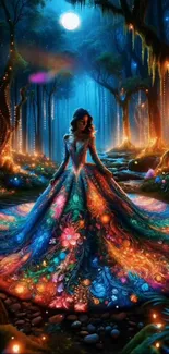 Woman in a vibrant floral gown in an enchanted forest under a moonlit sky.