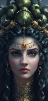 Mobile wallpaper of a regal woman with a green, serpent-like crown and golden jewelry.