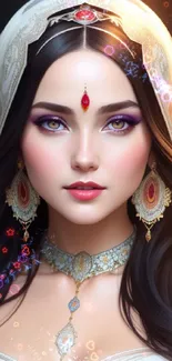 Enchanted portrait with ornate jewelry and captivating eyes.