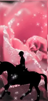 Silhouetted horse rider on a pink rose with sparkling accents.