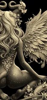 Elegant golden winged angel art on black background.