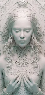 Ethereal statue with intricate details and serene expression in light teal hues.