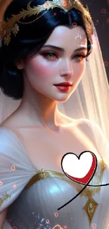 Ethereal bride with gold headpiece and elegant gown in mobile wallpaper.