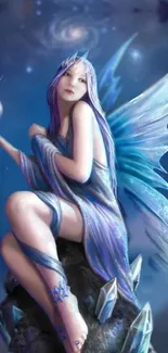 Ethereal fairy with cosmic background and shimmering wings in blue tones.