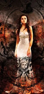 Ethereal illustrated woman in white dress with ornate design.