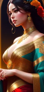 Elegant portrait of a woman in traditional attire with teal and gold colors.