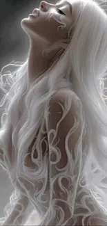 Fantasy artwork with mystical white-haired figure.