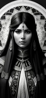 Monochrome portrait of an elegant woman in intricate attire, perfect for mobile wallpaper.