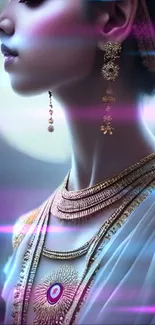 Elegant woman with jewelry in ethereal violet hues.