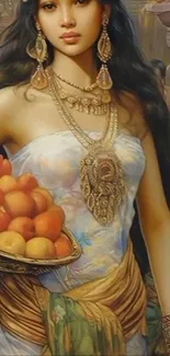 Elegant woman with jewelry holding a basket of fruit, vibrant and artistic.