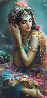 An elegantly adorned woman in traditional attire, surrounded by vibrant colors.