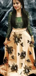 Woman in elegant floral outfit with smokey backdrop.