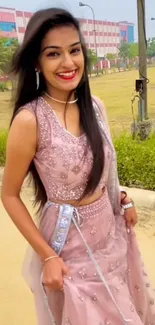 Smiling woman in a pink ethnic dress walking gracefully outdoors.