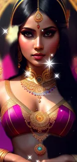 Elegant ethnic fantasy artwork with gold and magenta hues.