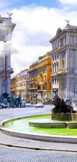 Elegant European cityscape with a green fountain.