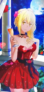 Anime character in red dress on moonlit balcony.