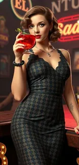 Elegant woman at chic bar with cocktail glass.