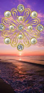 Elegant golden ornament over a beach sunset backdrop.