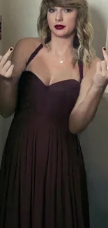 Woman in a deep burgundy evening dress, showcasing elegance.