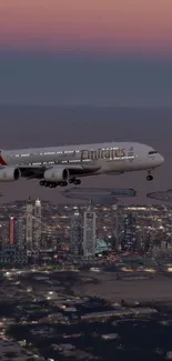 Emirates plane flying over city skyline at sunset.