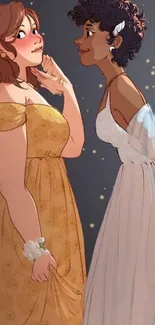 Two friends in elegant dresses under a starry night in digital art style.