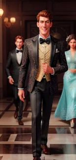 Elegant scene with characters in formal evening wear.