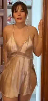 Elegant woman in chic beige dress