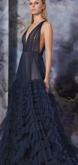 Elegant dark blue evening gown with marble backdrop.