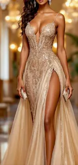 Elegant evening gown with gold accents.